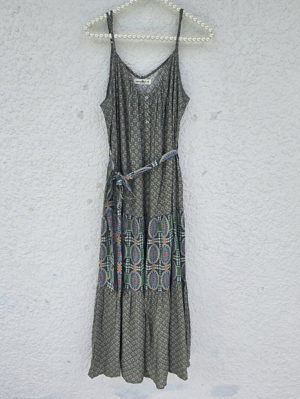 Natural Life Boho Patchwork Tiers Maxi Dress with Waist Tie - Size M
